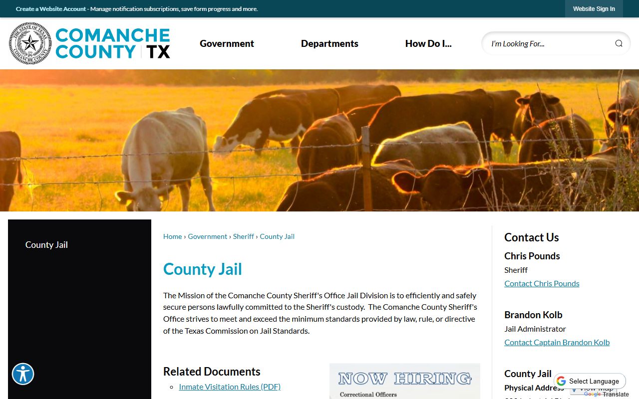 Comanche County Jail page for inmate roster and jail information